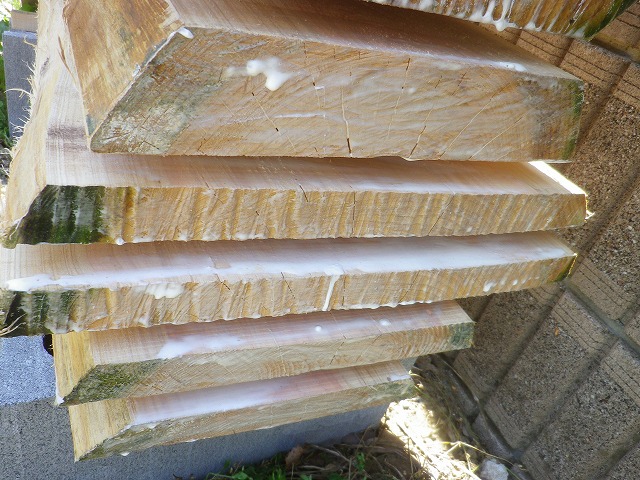 木口に割れ止めのボンドを塗り、桟を置いて、乾燥させます。